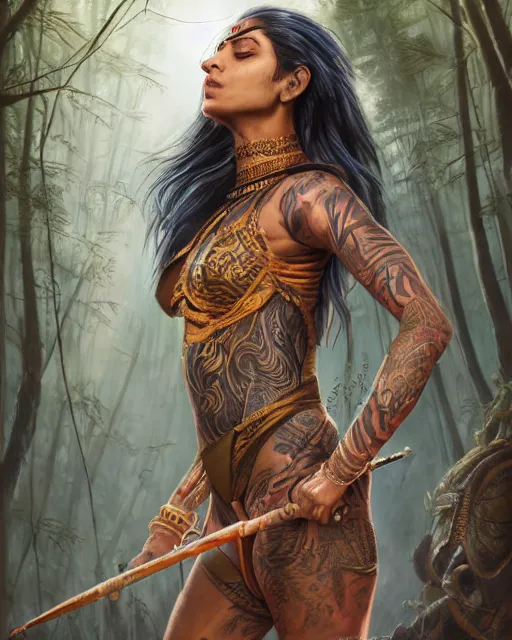 Prompt: a tattooed indian female warrior wearing a magical leotard in a magical forest, hyper realistic face, beautiful eyes, beautiful detailed eyes, fantasy art, in the style of greg rutkowski, illustration, epic, fantasy, intricate, hyper detailed, artstation, concept art, smooth, sharp focus, vibrant