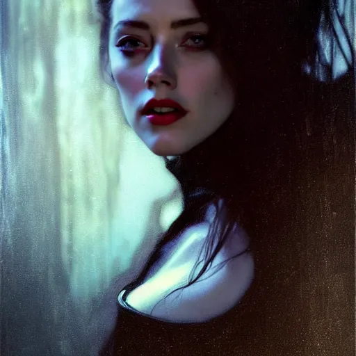 Image similar to hyperrealistic portrait of amber heard as a vampire witch in a black coat as a reflection in water in stone. by jeremy mann and alphonse mucha, fantasy art, photo realistic, dynamic lighting, artstation, poster, volumetric lighting, very detailed faces, 4 k, award winning