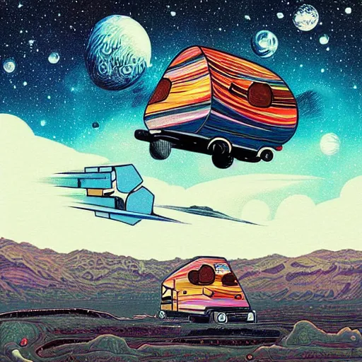 Prompt: Beautiful painting of a cosmic RV driving through space by Dan Mumford, hyperdetailed, trending on Artstation