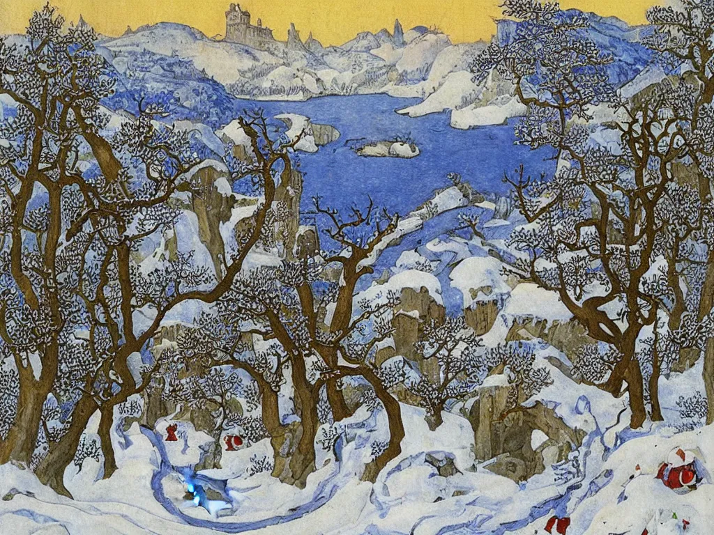 Prompt: winter scene with dragon. painting by limbourg brothers