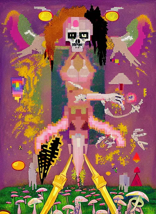 Prompt: pixel decollage painting tarot magicial card golden armor wounded harpy siren bone carcass flying zombie in a translucent broken rainbow bone cage with diamond maggot dead bear in a field of armed with rockets diamond crystal mushrooms and colorful machines in front of pink rising sun, by mark rothko, helen frankenthaler, danny fox and hilma af klint, pixelated, expressionism