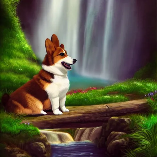 Prompt: a corgi puppy by a waterfall in the forest, beautiful scenic landscape, cinematic, serene, soft light, digital painting, anime, extremely detailed