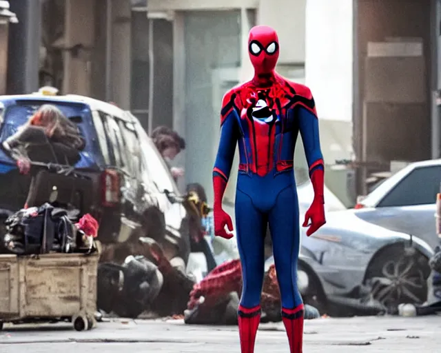 Image similar to photograph of spider - man on a movie set