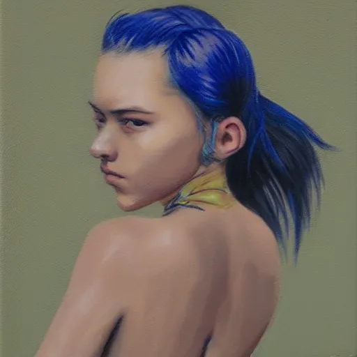 Prompt: a 19 years old girl figure in style of Wojciech Siudmak, half ponytail hairstyle, oriental tattoos, with few ultramarine accents, 80 mm lens, oil on canvas