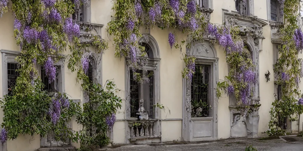 Image similar to photo of a rococo house with wisteria flowers, wallpaper, arhitectural shot, national geographic, award arhitectural photography, professional arhitectural photography, sunny, day time, beautiful, warm light, fernando guerra, tekla evelina severin, karen vikke