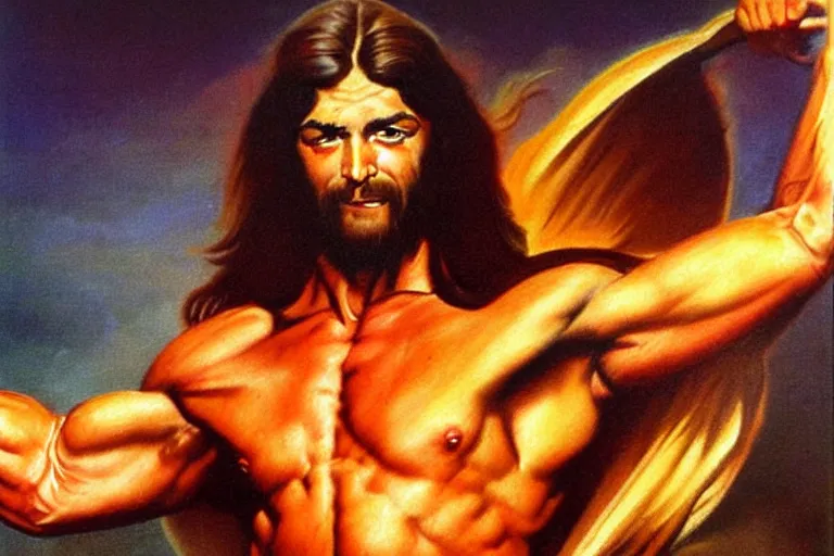 Image similar to jesus christ, a muscular long haired man in a toga. 1 9 8 0 s oil painting in the style of frank frazetta, boris vallejo. warm colors. detailed and hyperrealistic. concept art