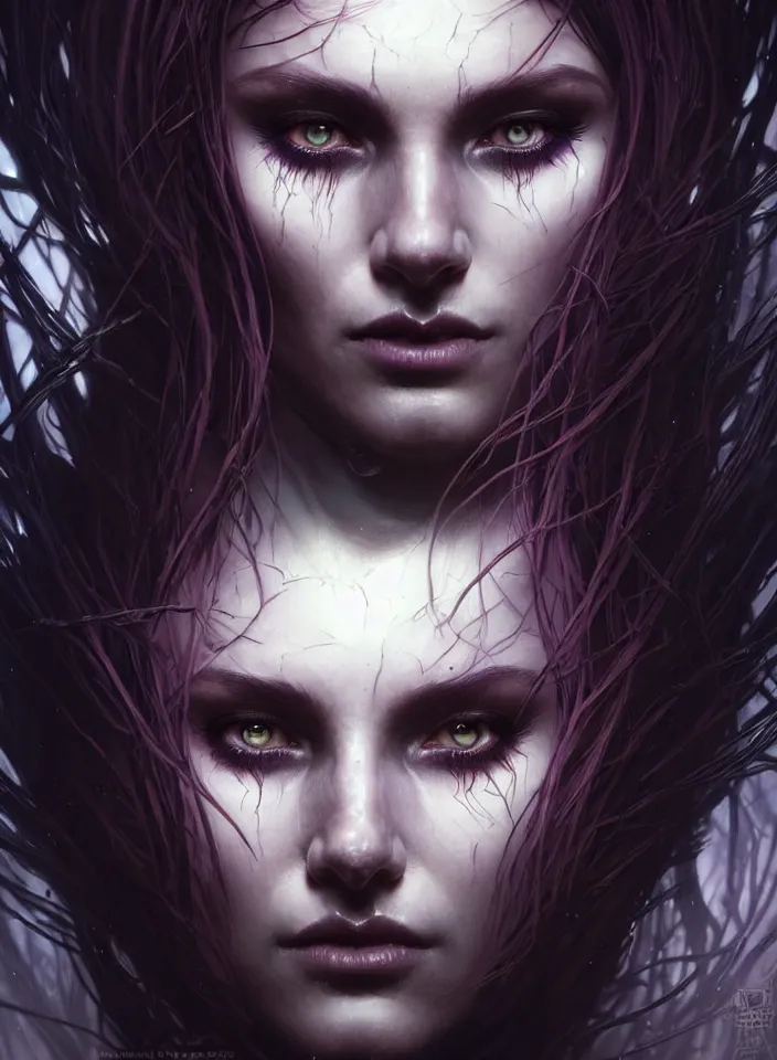 Image similar to Necromancer Sorceress face close-up macro in center, fantasy magic, undercut hairstyle, dark light night, intricate, elegant, sharp focus, illustration, highly detailed, digital painting, concept art, matte, art by WLOP and Artgerm and Greg Rutkowski and Alphonse Mucha, masterpiece