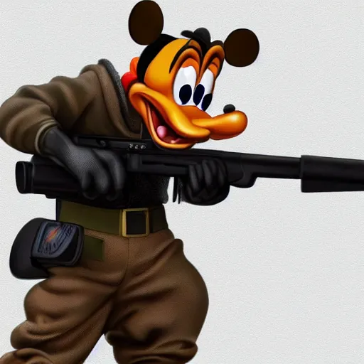 Image similar to Photorealistic Goofy holding a machine gun, Hyperdetailed, 108 megapixels, artstation concept art