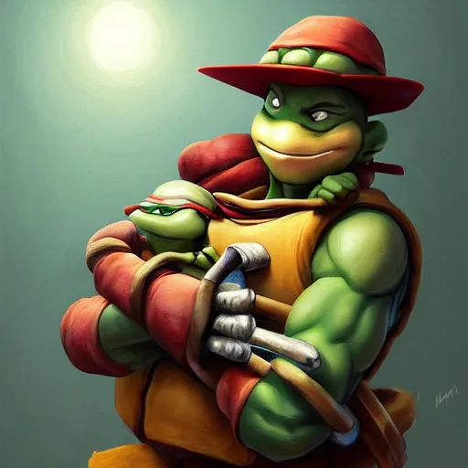 Prompt: teenage mutant ninja turtle michaelangelo holding frying pan full of doornails, wearing white chef hat, digital painting by krenz cushart, ilya kuvshinov, victo ngai, thomas kinkade. cute cozy room, highly detailed, award winning, artstation
