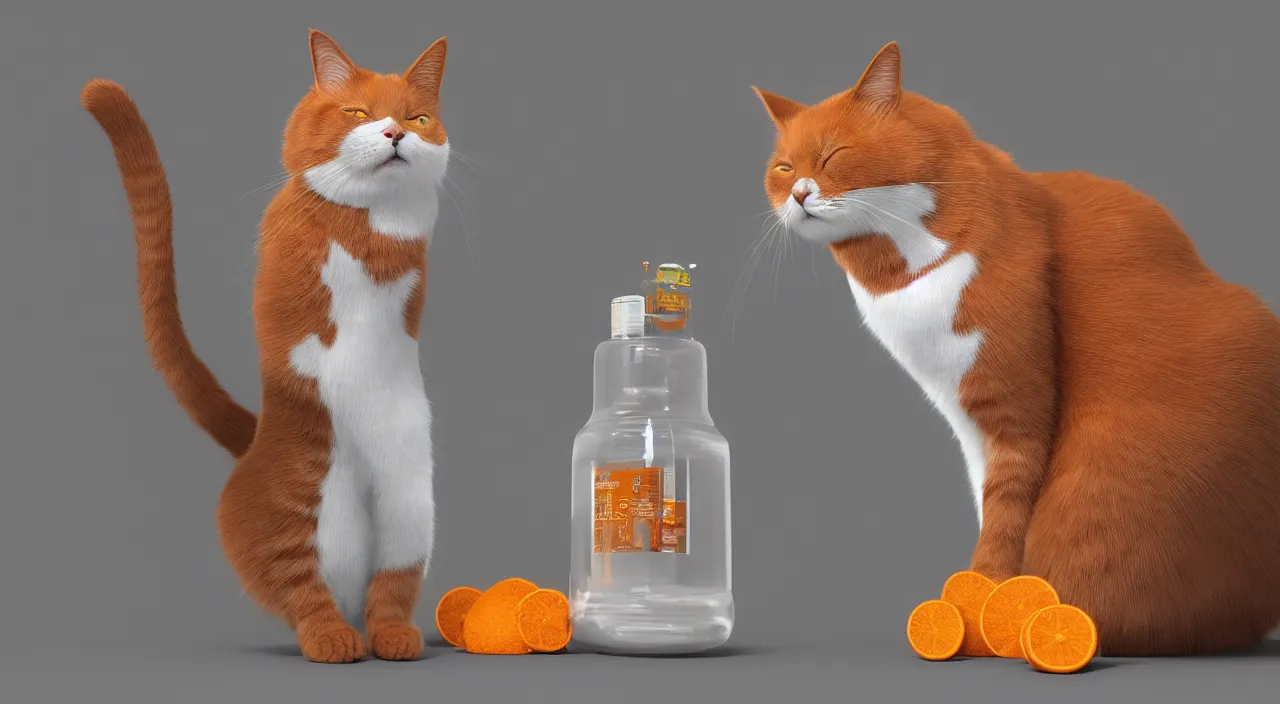 Prompt: a cat standing next to a bottle of medicine, the cat is smiling, the cat is orange, the cat is fluffy, digital art, octane render,