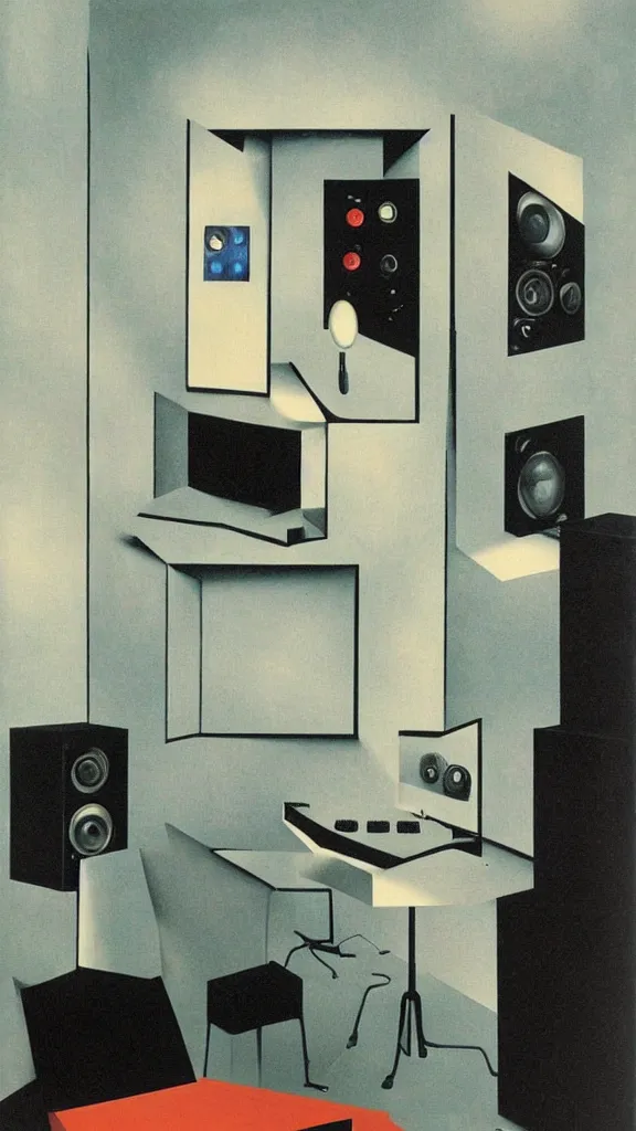 Image similar to an electronic music studio by Rene Magritte