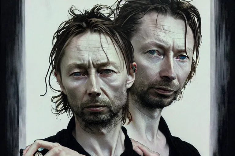 Image similar to hyper realistic portrait of thom yorke thom thom thom thom, by lee bermejo, alphonse mucha and greg rutkowski