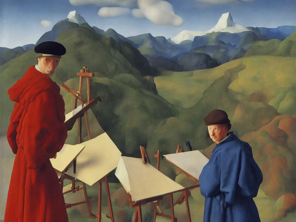 Image similar to portrait of a young expressionist painter at his easel, canvas. landscape with icy mountains far away. painting by jan van eyck, rene magritte, agnes pelton