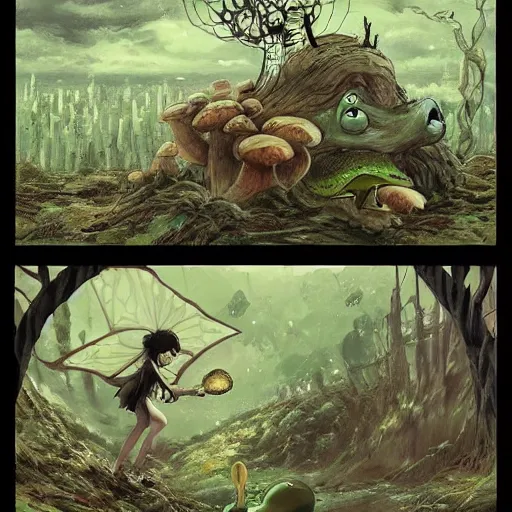 Image similar to A scary godlike fairy killing a frog. award winning. superb resolution. in the art style of junji Ito and greg rutkowski . Detailed Mushroom city in background. Hyper realistic anime. Perfect art. Dalle2