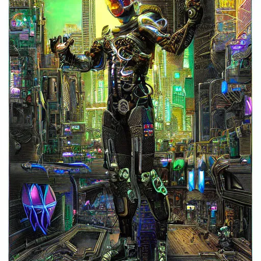 Image similar to Cyborg drawing artwork, cyberpunk, neon world, drawn by James Christensen