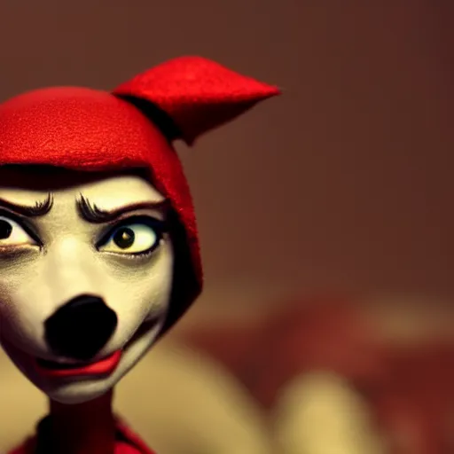 Image similar to a cinematic film still of a claymation stop motion film starring emma stone as little red riding hood, and realistic wolf, shallow depth of field, 8 0 mm, f 1. 8