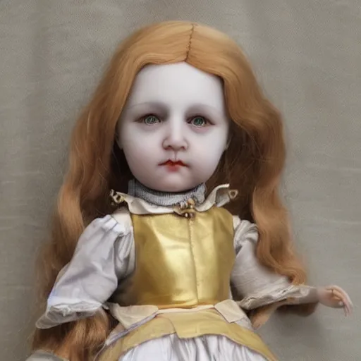 Image similar to alice in wonderland. porcelain doll. fragile. pastels. alabaster skin. realistic, skin - like matte finish. french doll. bisque. gold paint accents. photorealistic