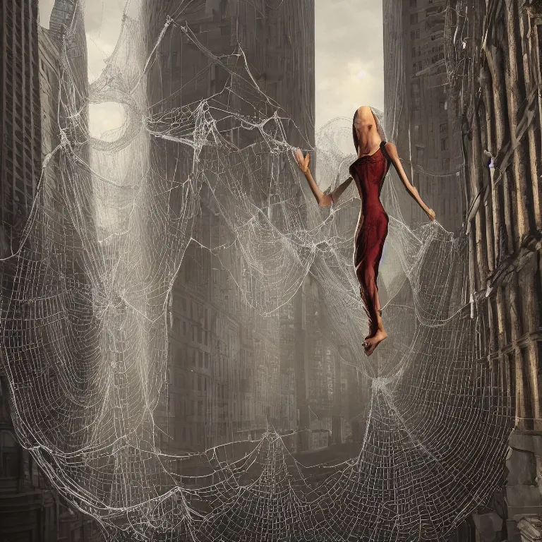 Prompt: octane render portrait by wayne barlow and carlo crivelli and glenn fabry and salvador dali and wes anderson, a beautiful woman in a long flowing dressed trapped caught inside a giant spider web stretching between buildings in a scenic european city, ray traced lighting, very short depth of field, bokeh