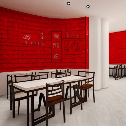 Image similar to a beautiful simple interior render of roasted string hotpot restaurant restaurant yan'an, wall corner, from china, red paper wall and white tile floor, white porcelain table, with merchant logo, fine simple delicate structure, chinese style, simple composition, simple style structure decoration design, victo ngai, 4 k hd