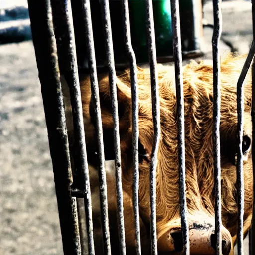 Prompt: chained calf inside a cage looking a bottle of milk