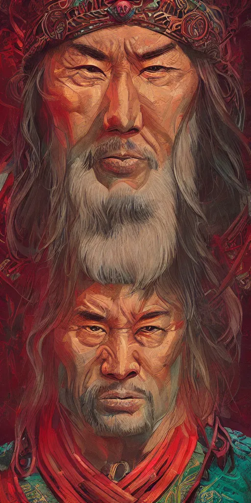 Prompt: highly detailed portrait of genghis khan by roger dean and alena aenami, intense eyes