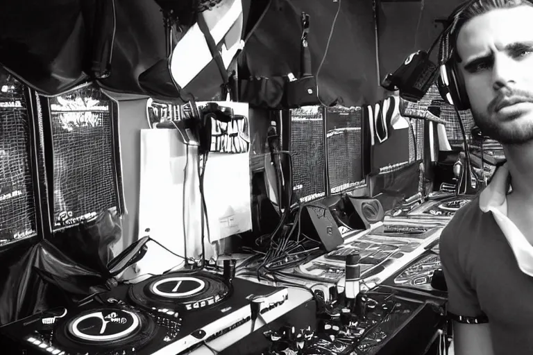 Prompt: gigachad as a dj, black and white photography, highly detailed