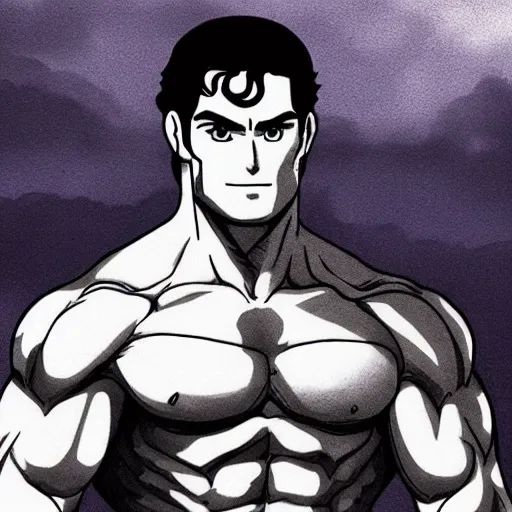 Image similar to still of henry cavill with a very muscular body type, anime art, anime style