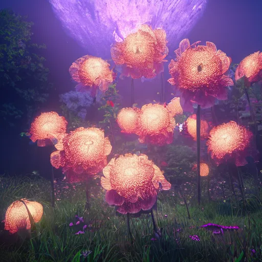 Image similar to Luminescent flower blooming at twilight, cgsociety, r /art, trending on artstation, artstationHD, octane render, highly detailed, vray, volumetric lighting, unreal engine