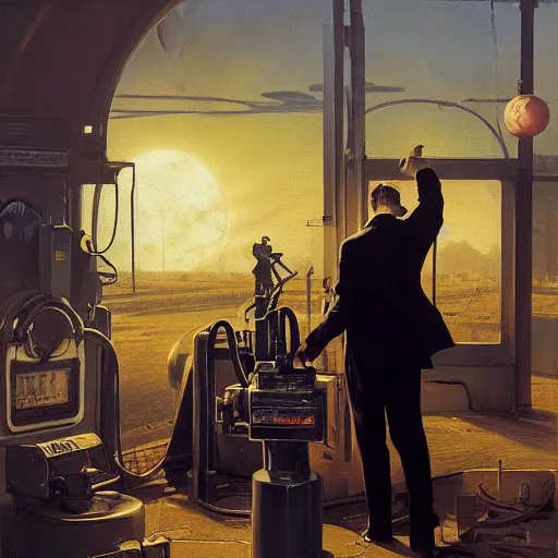 Prompt: painting of a man in suit in an syd mead artlilery scifi gas pump with ornate metal work lands on a farm, fossil ornaments, volumetric lights, purple sun, andreas achenbach