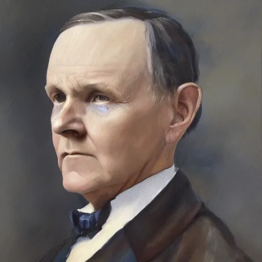 Image similar to calvin coolidge as a dnd fantasy tiefling, horned coolidge epic painting. official portrait, dnd character painting by gibbs - coolidge. oil on canvas, wet - on - wet technique, underpainting, grisaille, realistic. restored face.