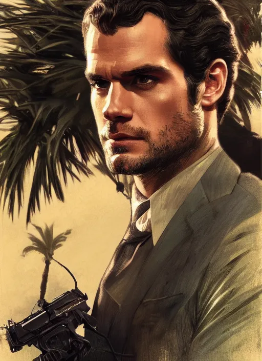 Image similar to portrait of henry cavill as james bond, key art, palm trees, vintage aston martin, highly detailed, digital painting, artstation, concept art, cinematic lighting, sharp focus, illustration, by gaston bussiere alphonse mucha