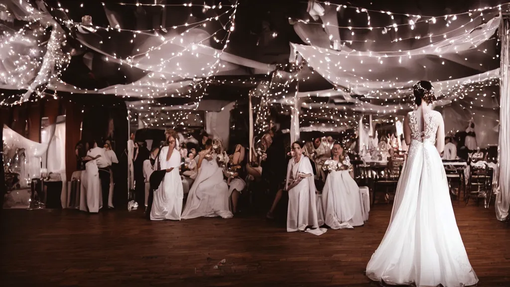 Image similar to a back view of a bride in a wedding dress looking at a dancing stage with bokeh light effect in the background