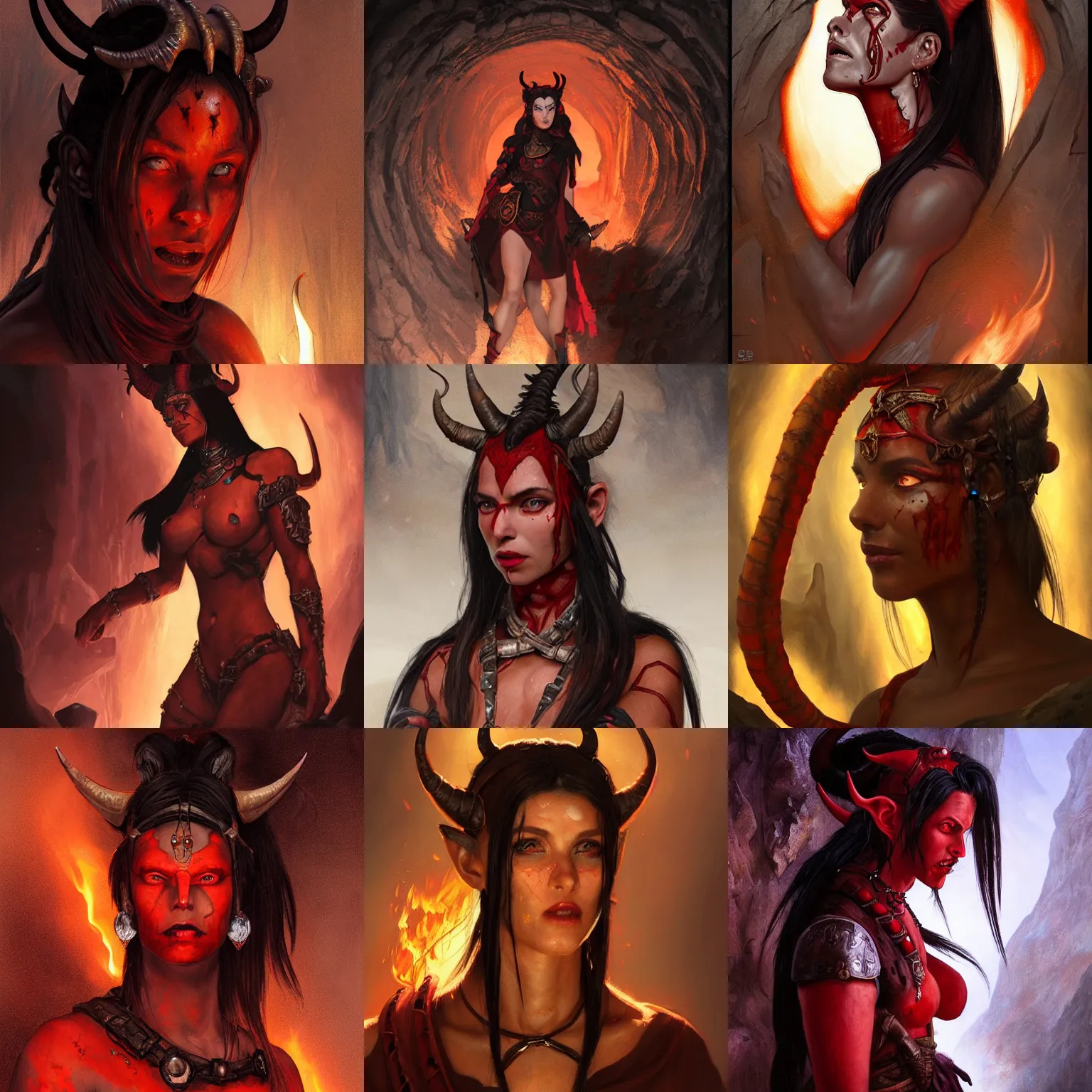 Prompt: portrait of a female berber tiefling with red skin, devil horns and black hair in a ponytail wearing a steel chestplate exploring a cave with fires burning in cracks in the walls, fantasy, highly detailed, digital painting, artstation, concept art, character art, art by greg rutkowski and tyler jacobson and alphonse mucha