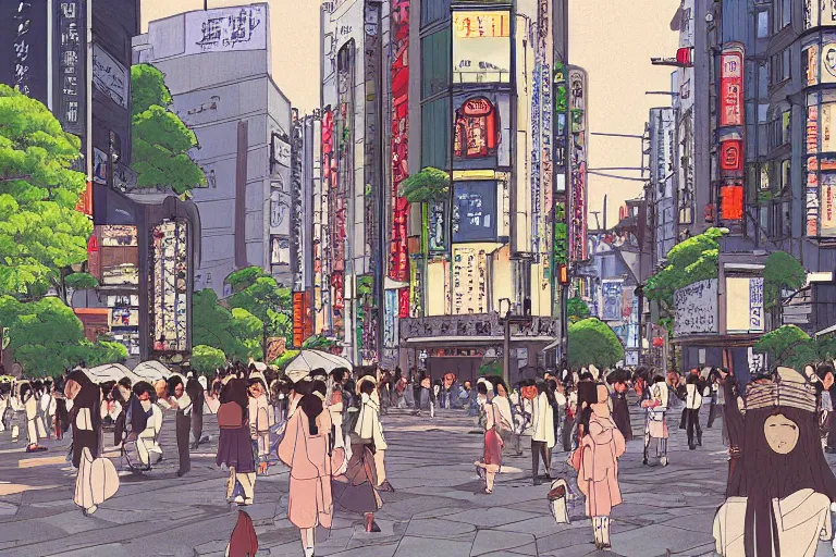 Prompt: Shibuya with traditional Japanese architecture, scene from a Studio Ghibli film, digital painting, concept art by Hayao Miyazaki