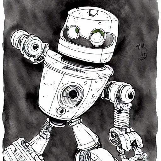 Image similar to illustration of a scrappy robot, (inktober), line art, ((water color)), by Bill Waterson, By Jake Parker, by Brian Kesinger