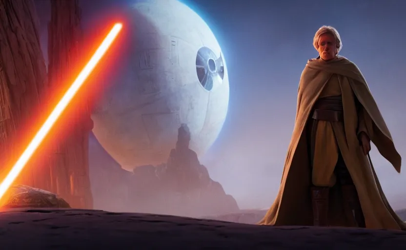 Prompt: cinematic still image screenshot portrait of luke skywalker in yellow cape / talking to maz kanata from the force awakens / ahsoka tano is listening / mara jade stands by / dramatic scene from force awakens crisp 4 k 7 0 mm imax, moody iconic scene, directed by jj abrams, beautiful glowing backlit, forest pink fog planet