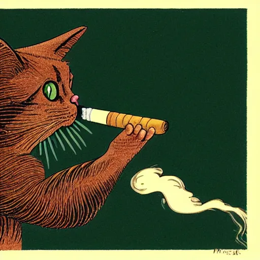 Prompt: a cat smoking a cigar, by moebius