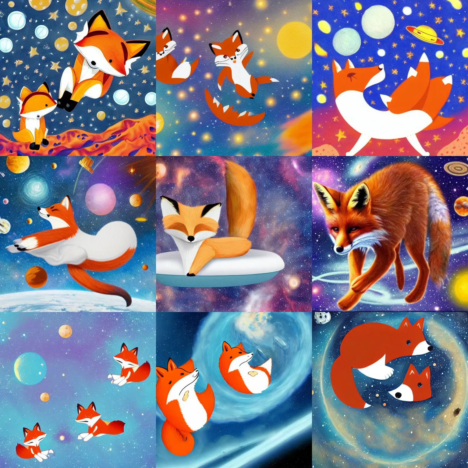 Prompt: a white crunch and fox are floating in space, art