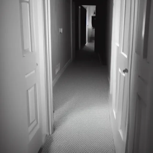 Prompt: view from the bed looking towards the hallway door at night with a shadow person standing at the door, photography