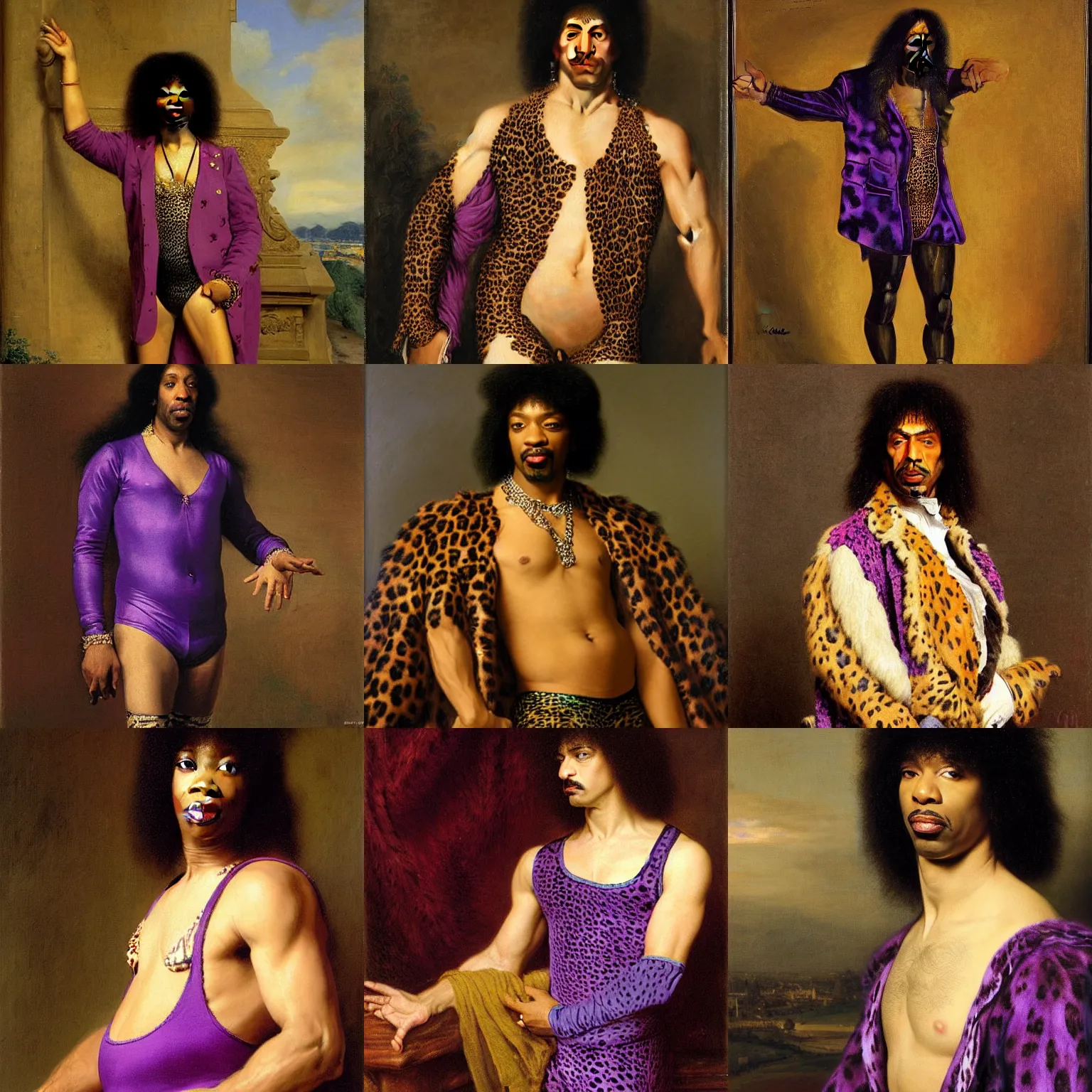 Image similar to portrait of Rick James wearing a purple leopard print leotard, masterpiece by Eugene de Blaas