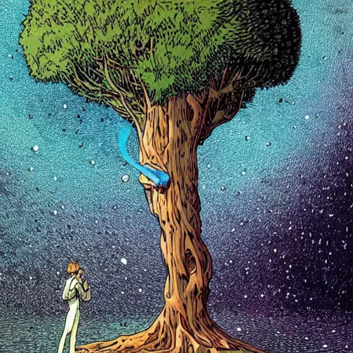 Image similar to a crystal floating in space with a large tree rooted in it, by moebius