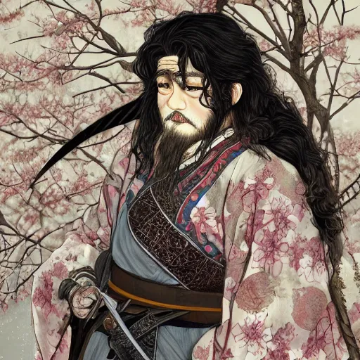 Image similar to detailed portrait of hagrid samurai with swords and steampunk rifles, in snow forest sakura cherry blossom, hakama kimono, trending on artstation elite, elegant, luxury, by krenz cushart, junji ito, takato yamamoto, perfect face, fine details, realistic shaded, fine - face, pretty face