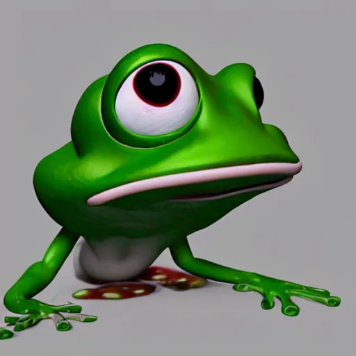 Image similar to a sadge - sad - pepe - the - frog, looking more depressed than usual, quivering lips, fists in the air, sweat flying, cgi render, zbrush, octane, keyshot render