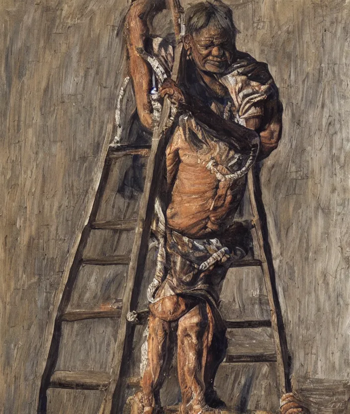 Image similar to indigenous man going up a ladder, painted by lucian freud, hd, super detailed, realistic, muted colors