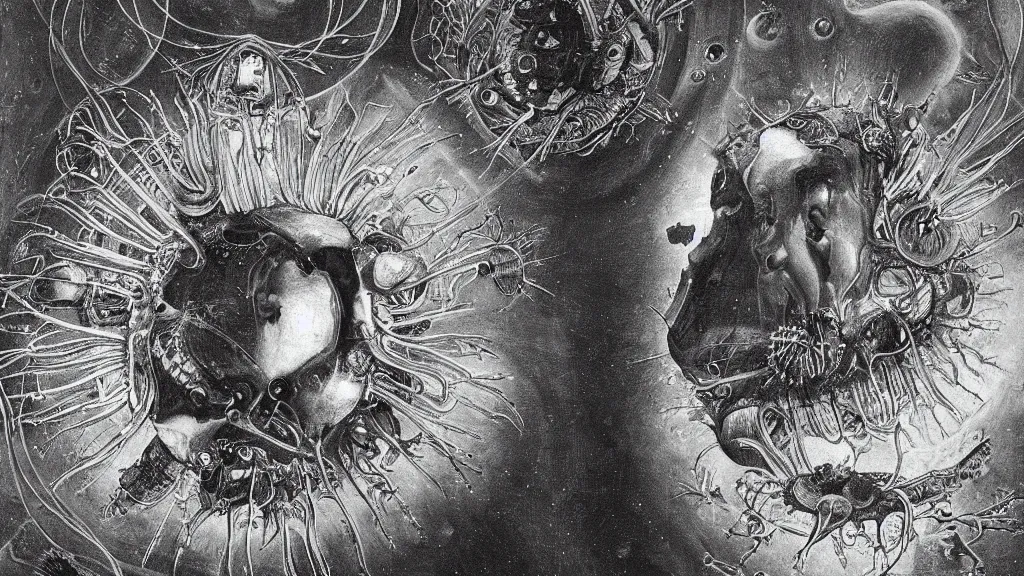 Prompt: a beautiful dreamy painting of a coronavirus inside a broken television screen, smiling alien, dark, sinister, detailed, high contrast, art by Ernst Haeckel and Matt Lombardi