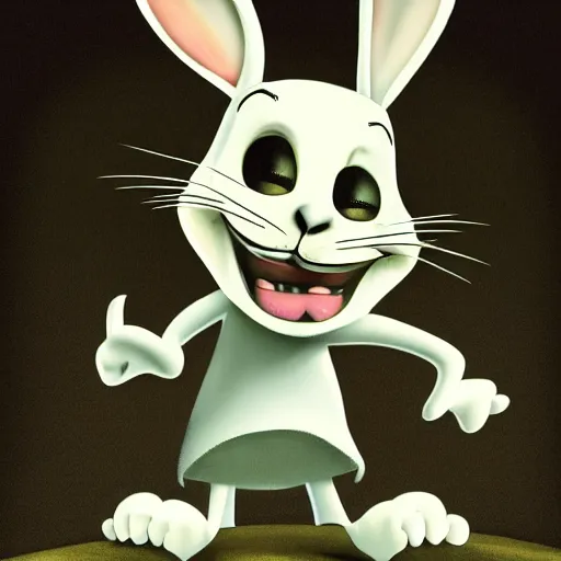 Prompt: A extremely highly detailed majestic hi-res beautiful, highly detailed portrait of a scary terrifying creepy cartoon rabbit evil smiling standing up wearing pants and a shirt in the style of Walt Disney animation