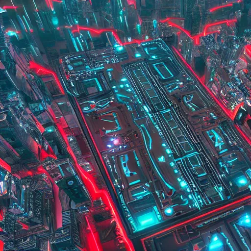 Prompt: photo of a futuristic city in a dystopian future made of electronic components and looks like a giant pcb board. Very detailed 8k. Unreal engine 5 render with nanite, global illumination and path tracing. Cinematic post processing. Emphasize on the colors red and black.