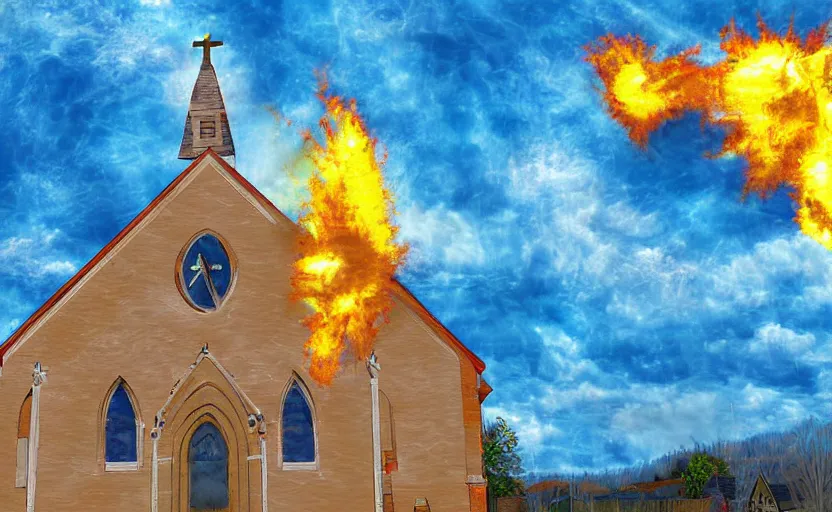 Image similar to a church exploding into flames, blue sky with clouds, digital art