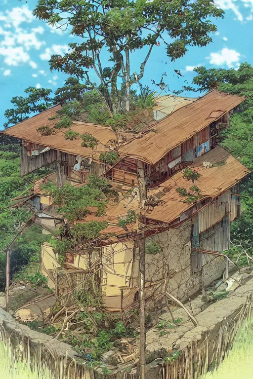 Image similar to beautiful anime illustration of a rural philippines home, by moebius, masamune shirow and katsuhiro otomo