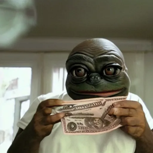 Prompt: pepe eating money, realistic, frame from the movie